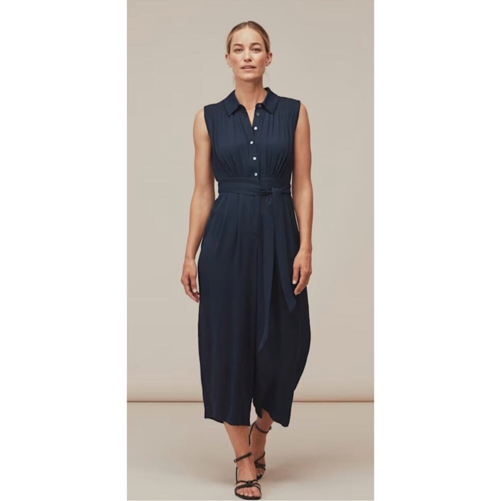 Whistles Navy Smocked Detail Zora Jumpsuit Wide Leg Minimalist US 12 New
